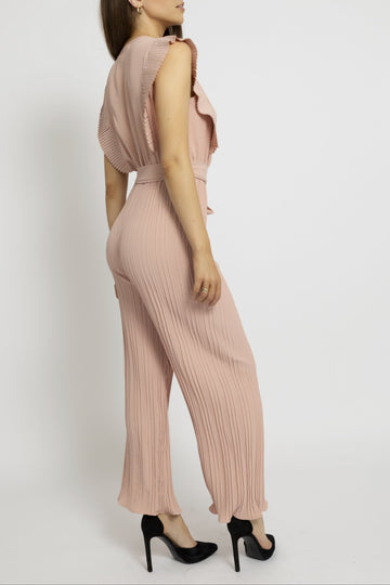 Pleated Wrap Front Jumpsuit With Tie-Waist